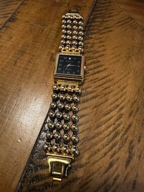 Joan Rivers Gold Tone Black Dial Beaded Bracelet Watch